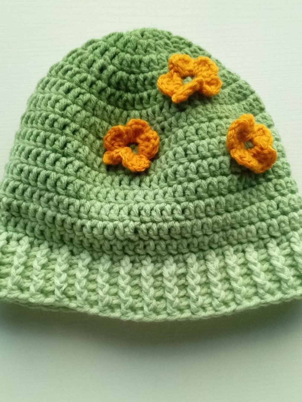 Handmade Green Crochet Beanie with Gold Yellow Flower Accents - Picture 2 of 2
